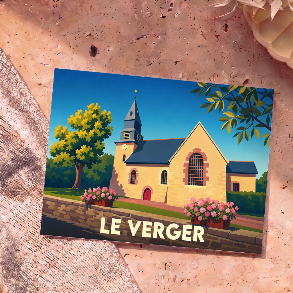 Carte postale souvenir de la ville de Le Verger avec une illustration stylisée de son église.