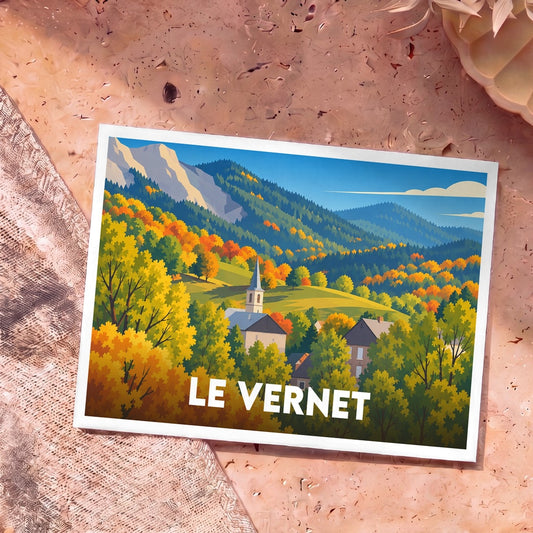 Carte postale souvenir de la ville de Le Vernet avec une illustration stylisée de paysages montagneux en automne.