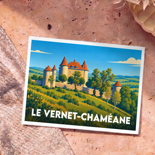 Carte postale souvenir de la ville de Le Vernet-Chaméane avec une illustration stylisée de son château.