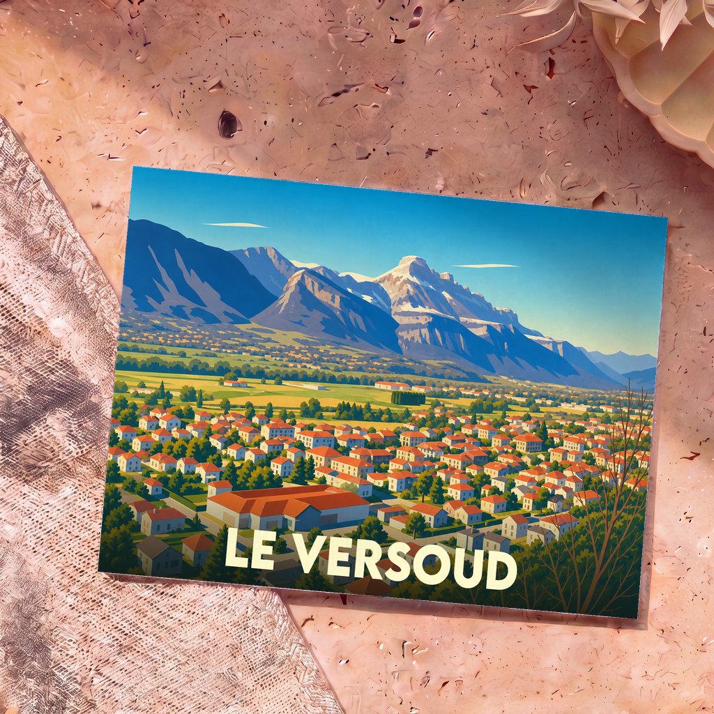 Carte postale souvenir de la ville de Le Versoud avec une illustration stylisée d'un paysage montagneux surplombant le village.