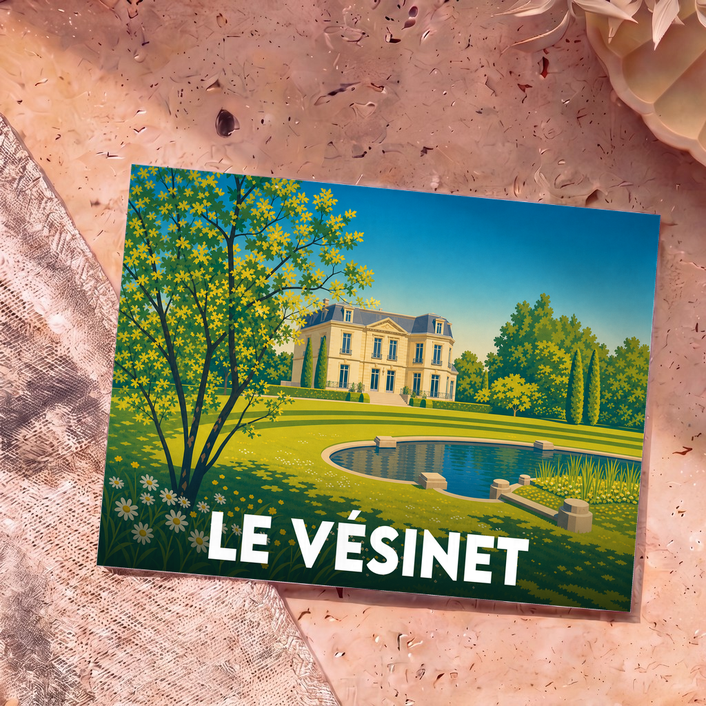 Carte postale souvenir de la ville de Le Vésinet avec une illustration stylisée d'une demeure bourgeoise et son parc.