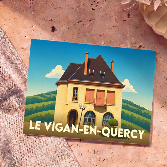 Carte postale souvenir de la ville de Le Vigan-en-Quercy avec une illustration stylisée d'une maison traditionnelle.