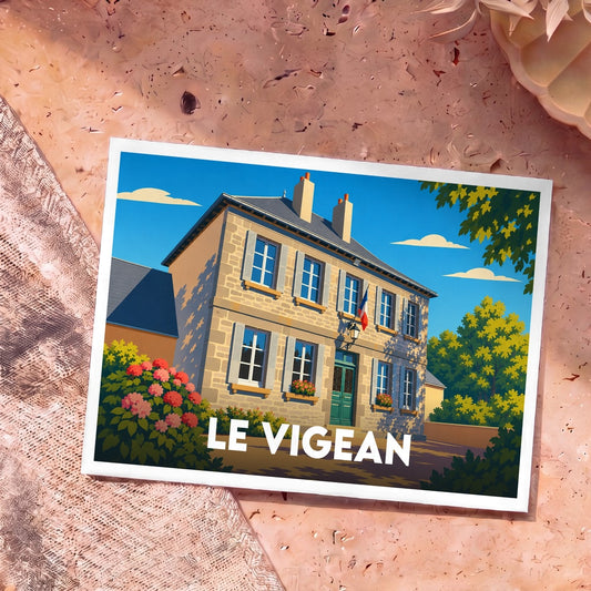 Carte postale souvenir de la ville de Le Vigean avec une illustration stylisée d'une maison traditionnelle en pierre.