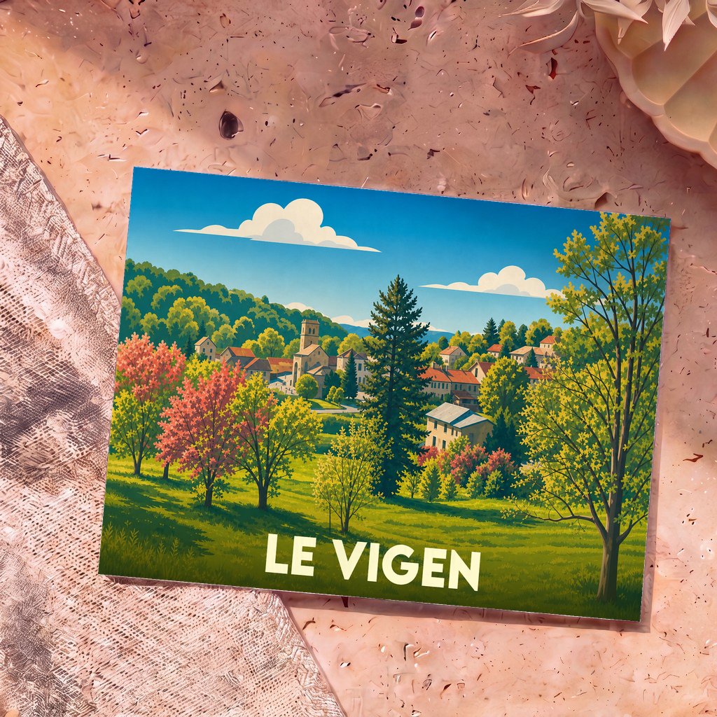 Carte postale souvenir de la ville de Le Vigen avec une illustration stylisée et colorée de ses paysages.