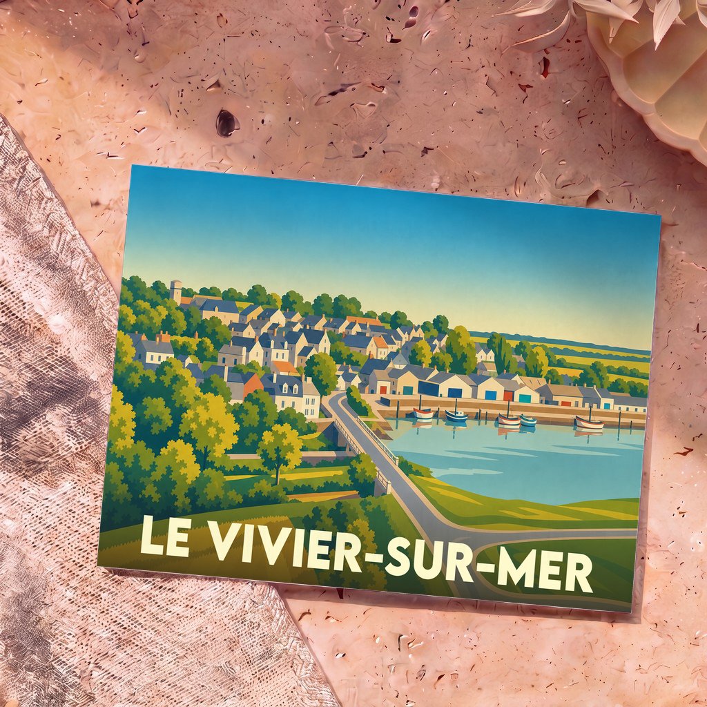 Carte postale souvenir de la ville de Le Vivier-sur-Mer avec une illustration stylisée d'un village côtier.