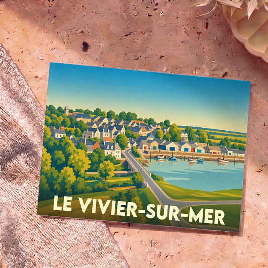 Carte postale souvenir de la ville de Le Vivier-sur-Mer avec une illustration stylisée d'un village côtier.