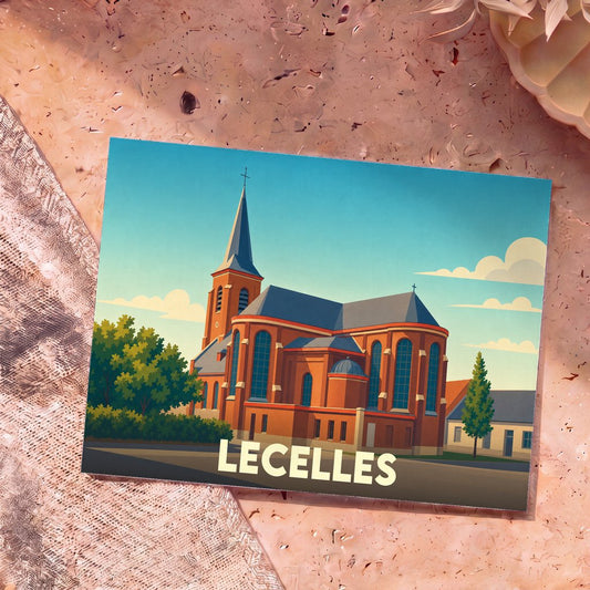 Carte postale souvenir de la ville de Lecelles avec une illustration stylisée de son église en briques rouges.