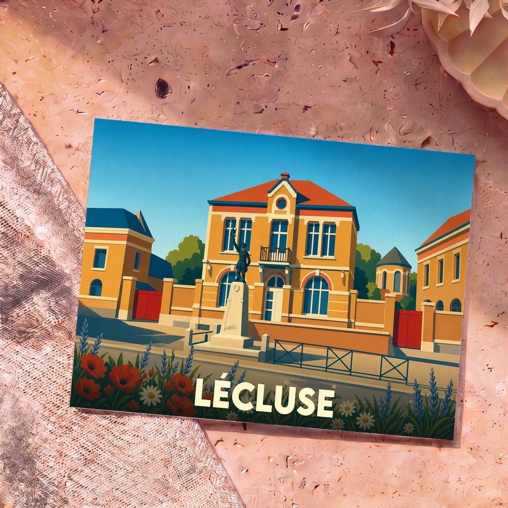 Carte postale souvenir de la ville de Lécluse avec une illustration stylisée de sa mairie.