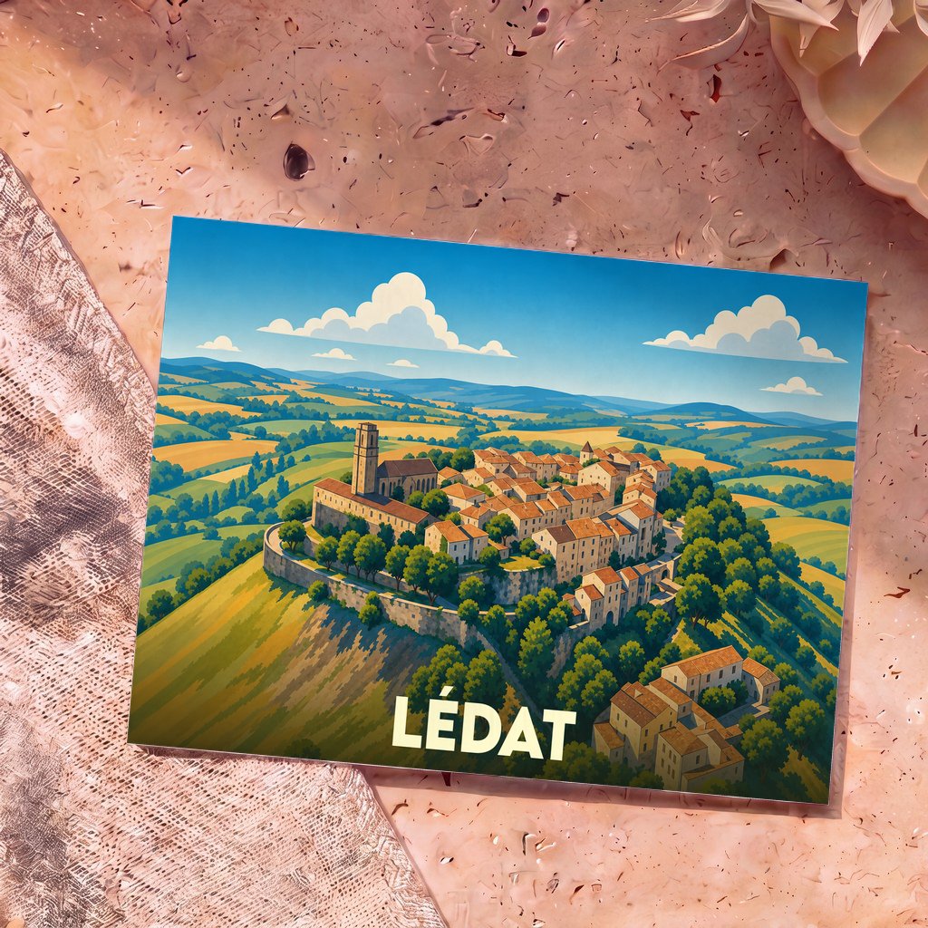 Carte postale souvenir de la ville de Lédat avec une illustration stylisée d'un village perché.
