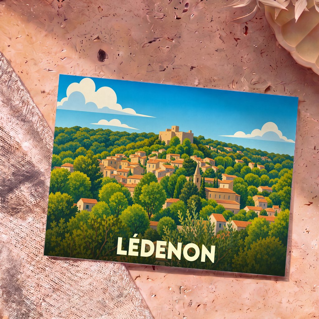 Carte postale souvenir de la ville de Lédenon avec une illustration stylisée d'un village perché dans une forêt.