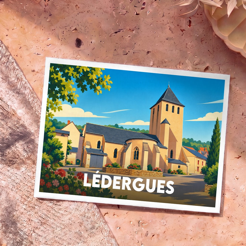 Carte postale souvenir de la ville de Lédergues illustrant son église dans un style graphique épuré et coloré.