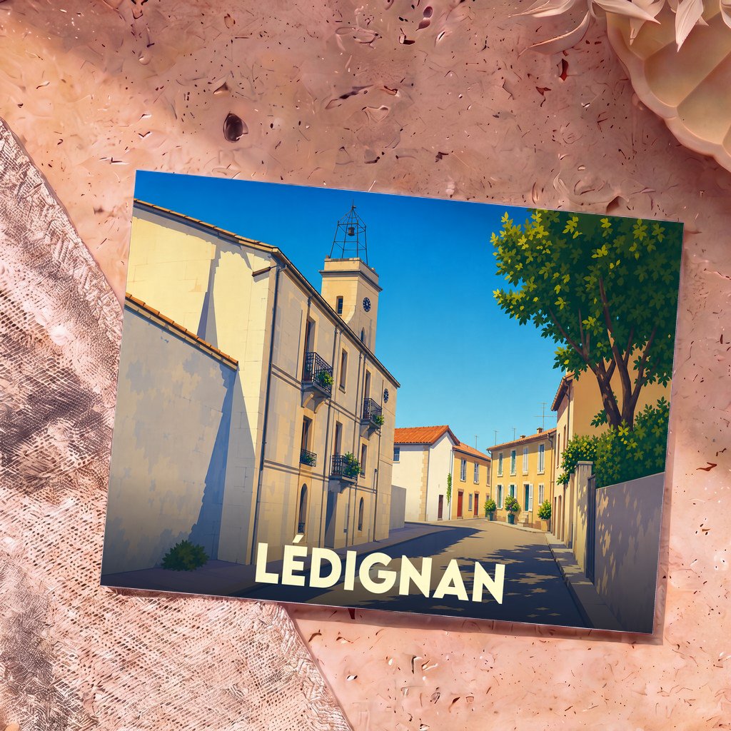 Carte postale souvenir de la ville de Lédignan avec une illustration stylisée d'une rue ensoleillée.