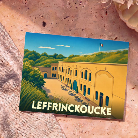 Carte postale souvenir de la ville de Leffrinckoucke avec une illustration stylisée du Fort des Dunes.