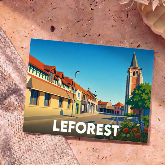 Carte postale souvenir de la ville de Leforest illustrant une rue pittoresque avec son église dans un style graphique épuré.