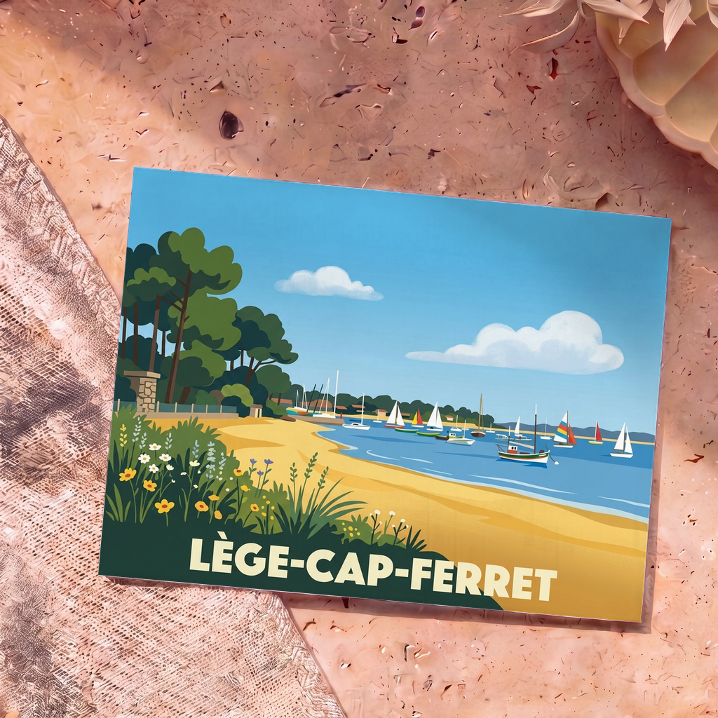 Carte postale souvenir de Lège-Cap-Ferret avec une illustration stylisée du front de mer.