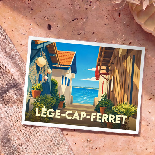 Carte postale souvenir de la ville de Lège-Cap-Ferret avec une illustration stylisée de cabanes de pêcheurs face à la mer.