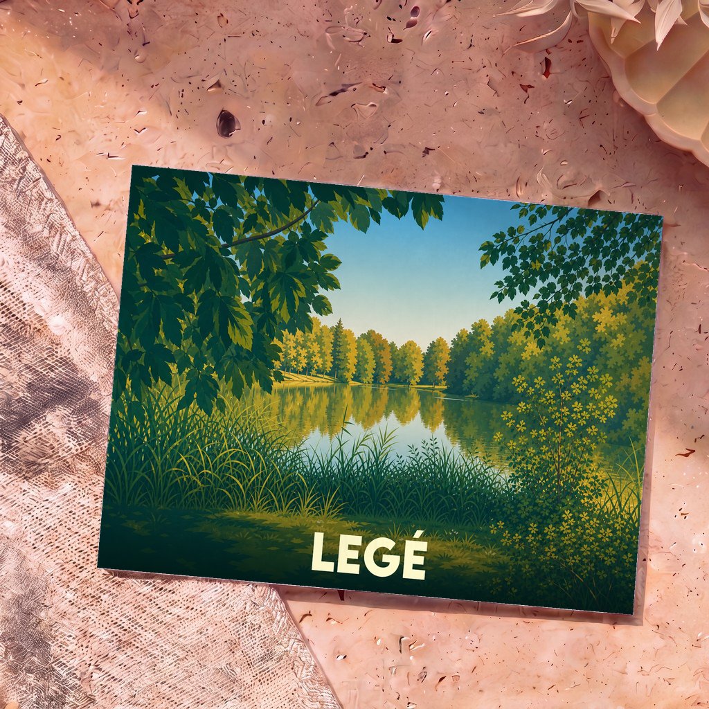 Carte postale souvenir de la ville de Legé illustrant un paysage de lac paisible entouré de forêt.