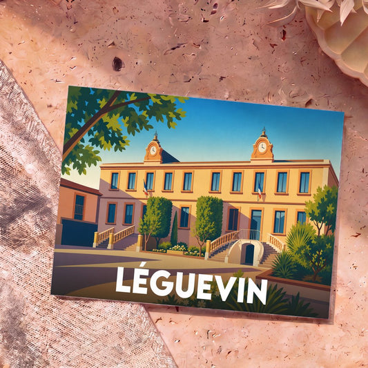 Carte postale souvenir de la ville de Léguevin avec une illustration stylisée de sa mairie.