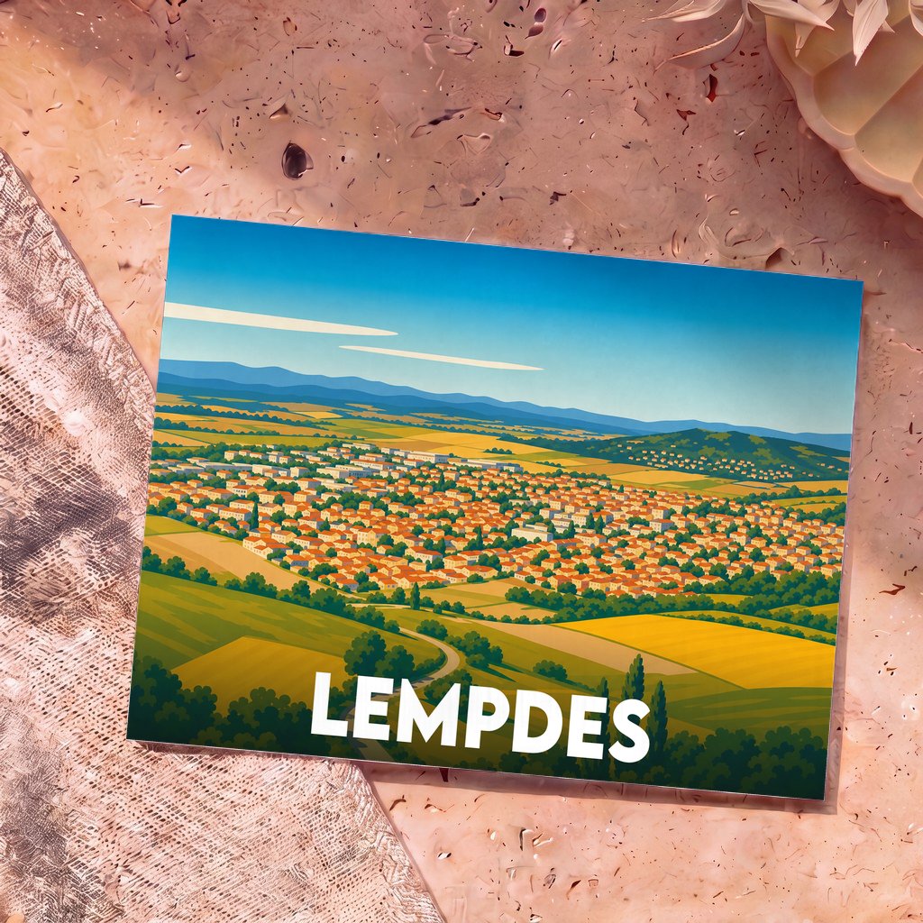 Carte postale souvenir de la ville de Lempdes avec une illustration stylisée et colorée de la commune.