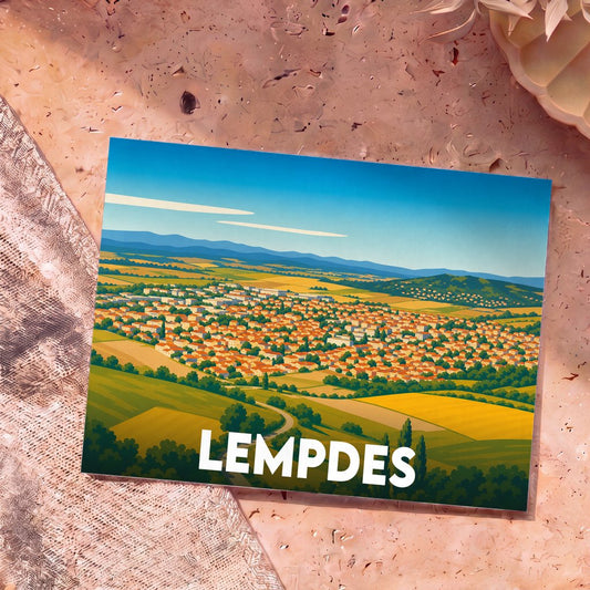 Carte postale souvenir de la ville de Lempdes avec une illustration stylisée et colorée de la commune.