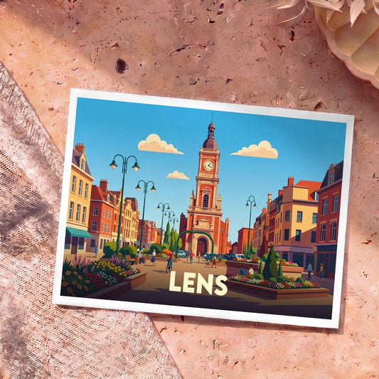 Carte postale souvenir de la ville de Lens avec une illustration stylisée de sa place centrale et de son beffroi.