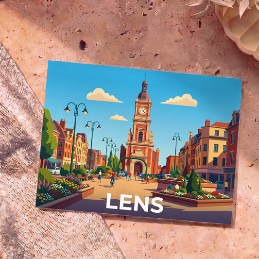 Carte postale souvenir de la ville de Lens avec une illustration stylisée de sa place centrale et de son beffroi.