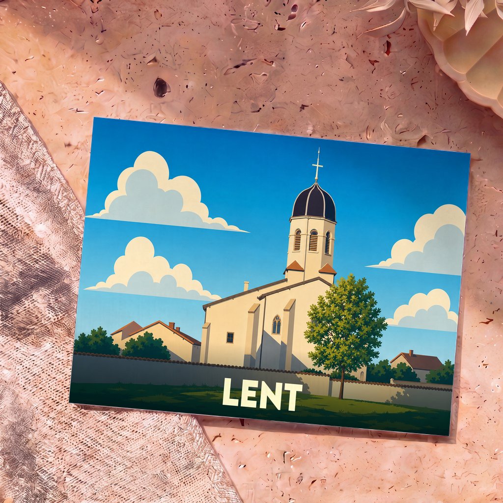 Carte postale souvenir de la ville de Lent avec une illustration stylisée de son église.