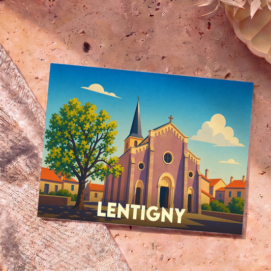 Carte postale souvenir de la ville de Lentigny avec une illustration stylisée de son église.