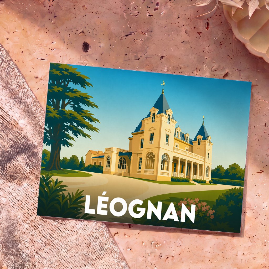 Carte postale souvenir de la ville de Léognan illustrant un château de style néogothique dans un parc verdoyant.