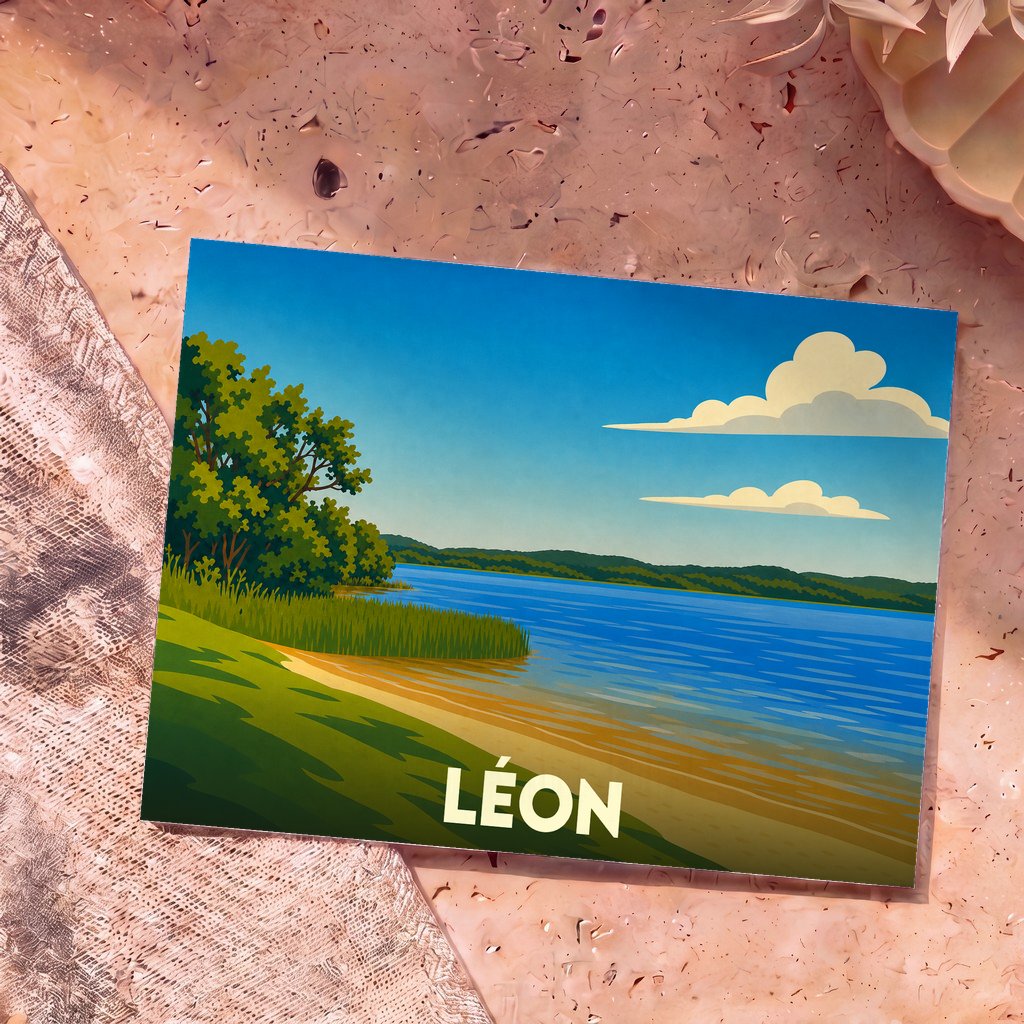 Carte postale souvenir de la ville de Léon illustrant les rives paisibles de son lac sous un ciel azur.