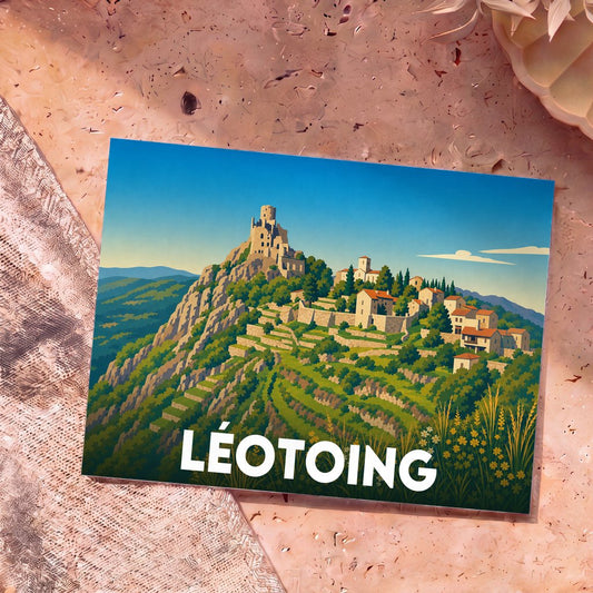 Carte postale souvenir de la ville de Léotoing avec une illustration stylisée de son château et de ses collines.