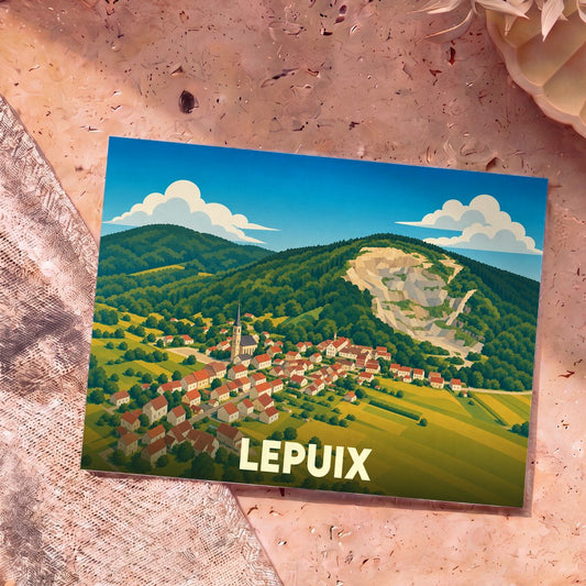 Carte postale souvenir de la ville de Lepuix avec une illustration stylisée montrant le village niché au pied de collines boisées.