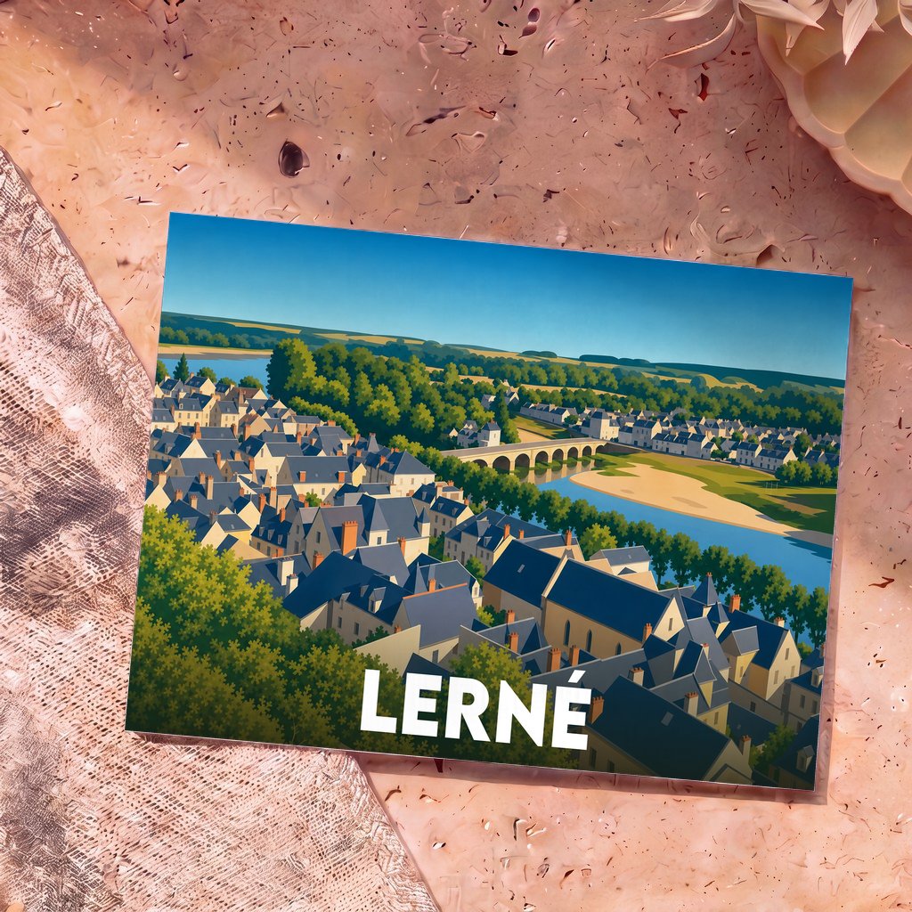 Carte postale souvenir de la ville de Lerné présentant une illustration stylisée d'un village en bord de rivière.