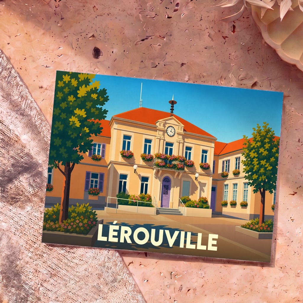 Carte postale souvenir de la ville de Lérouville avec une illustration stylisée de son hôtel de ville fleuri.