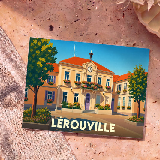 Carte postale souvenir de la ville de Lérouville avec une illustration stylisée de son hôtel de ville fleuri.