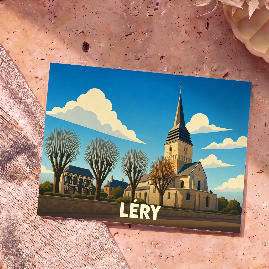 Carte postale souvenir de la ville de Léry avec une illustration stylisée de son église et de ses maisons à colombages.