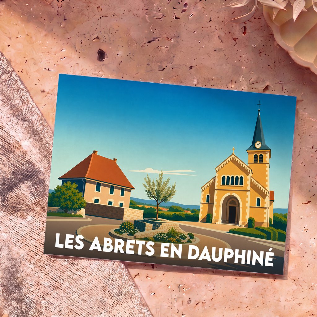 Carte postale souvenir de la ville de Les Abrets en Dauphiné avec une illustration stylisée d'une église et d'une maison sous un ciel bleu.