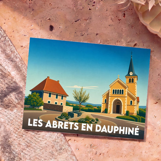 Carte postale souvenir de la ville de Les Abrets en Dauphiné avec une illustration stylisée d'une église et d'une maison sous un ciel bleu.