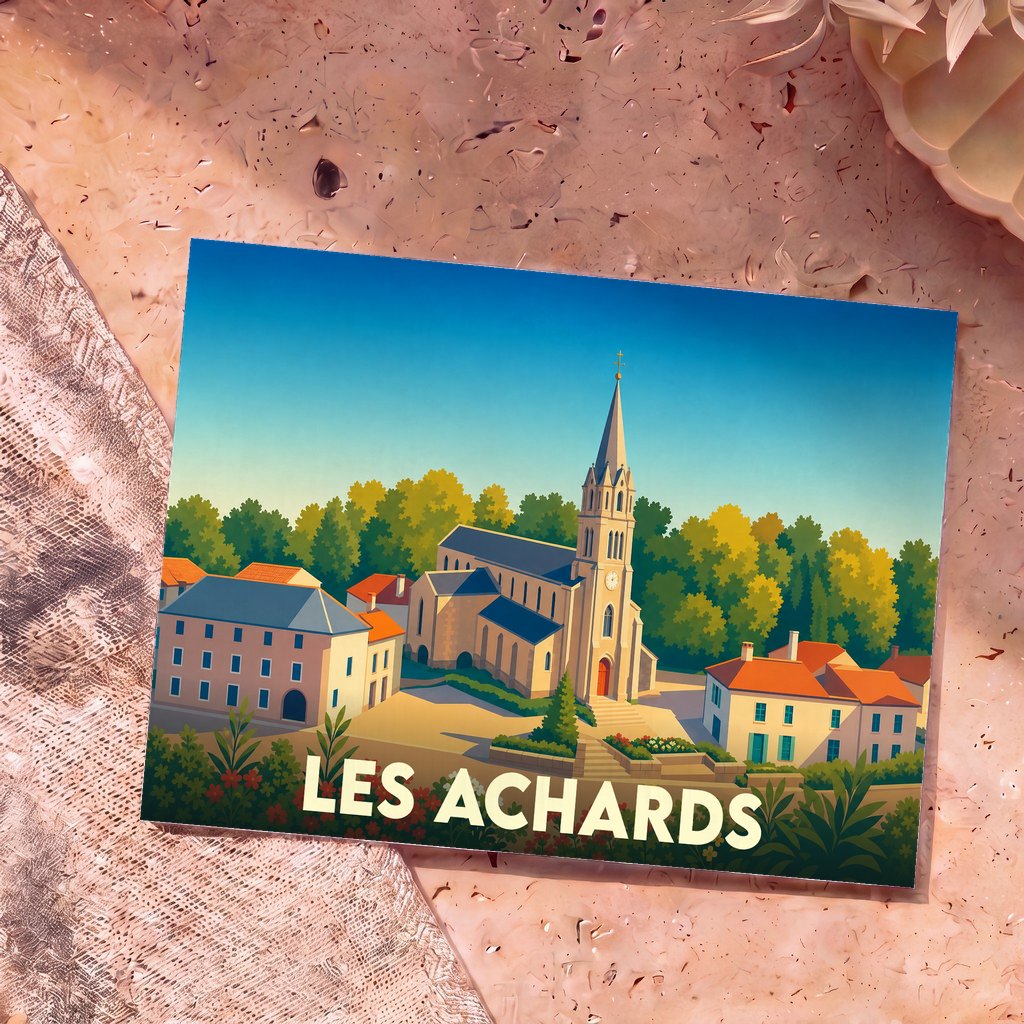 Carte postale souvenir de la ville de Les Achards avec une illustration stylisée de son église et de ses maisons.