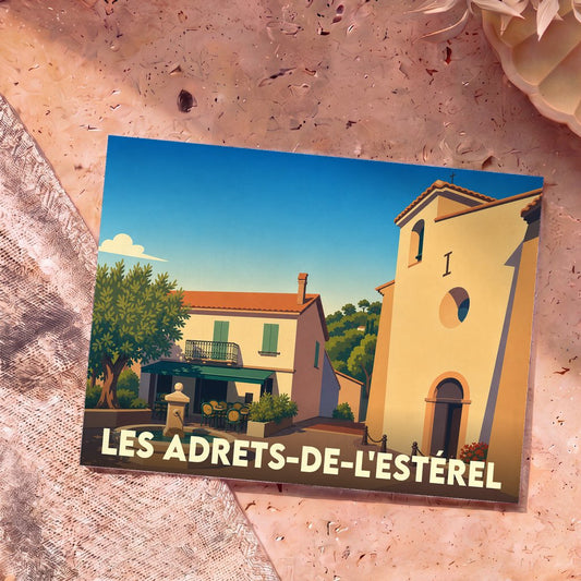 Carte postale souvenir de la ville de Les Adrets-de-l'Estérel avec une illustration stylisée d'une place provençale ensoleillée.