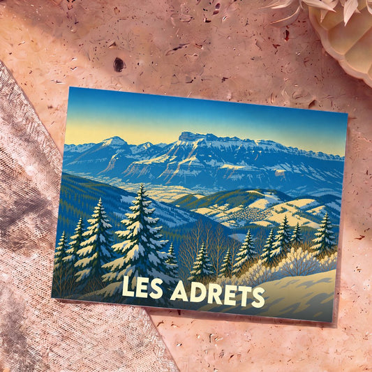 Carte postale souvenir de la commune de Les Adrets illustrant un paysage de montagnes enneigées au style rétro.