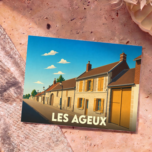 Carte postale souvenir de la commune de Les Ageux avec une illustration stylisée d'une rue de village.