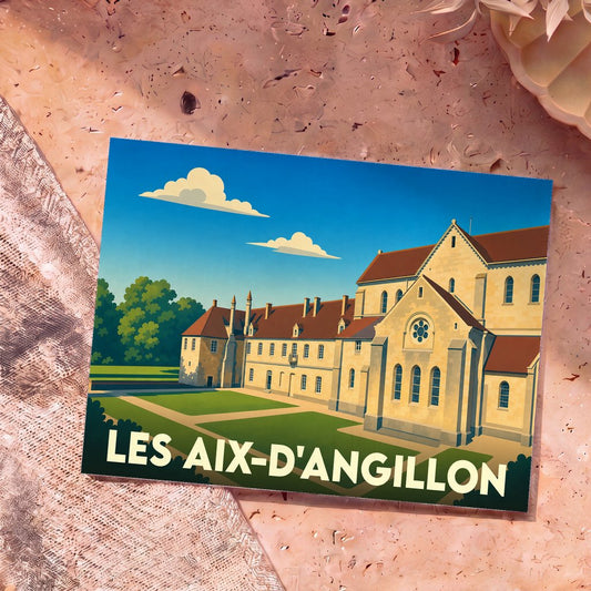 Carte postale souvenir de la ville de Les Aix-d'Angillon avec une illustration stylisée de son patrimoine architectural.