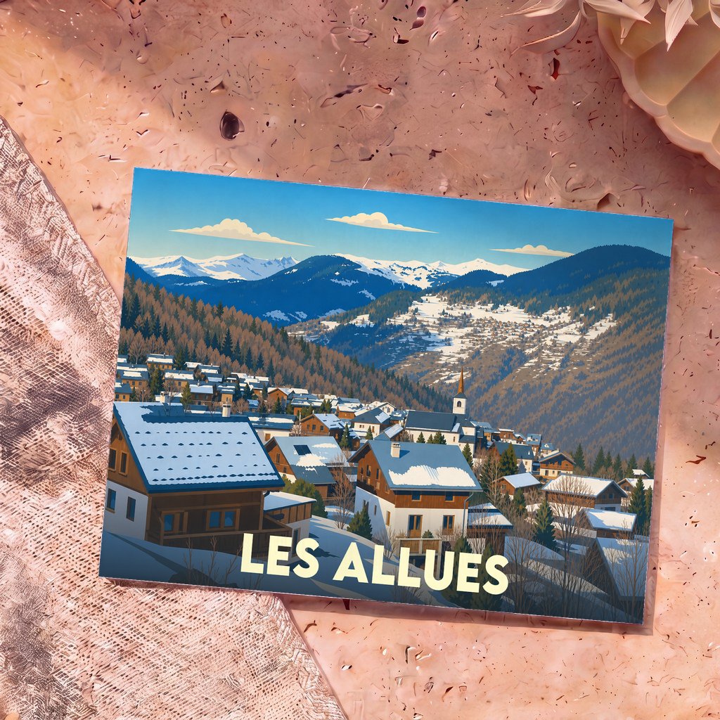 Carte postale souvenir de la ville de Les Allues avec une illustration stylisée d'un village de montagne enneigé.