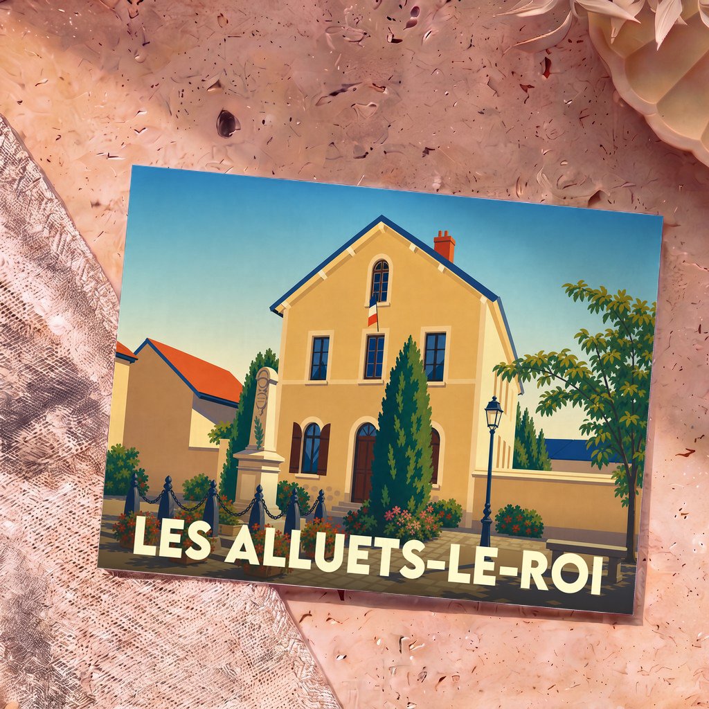 Carte postale souvenir de la ville de Les Alluets-le-Roi avec une illustration stylisée de sa mairie.