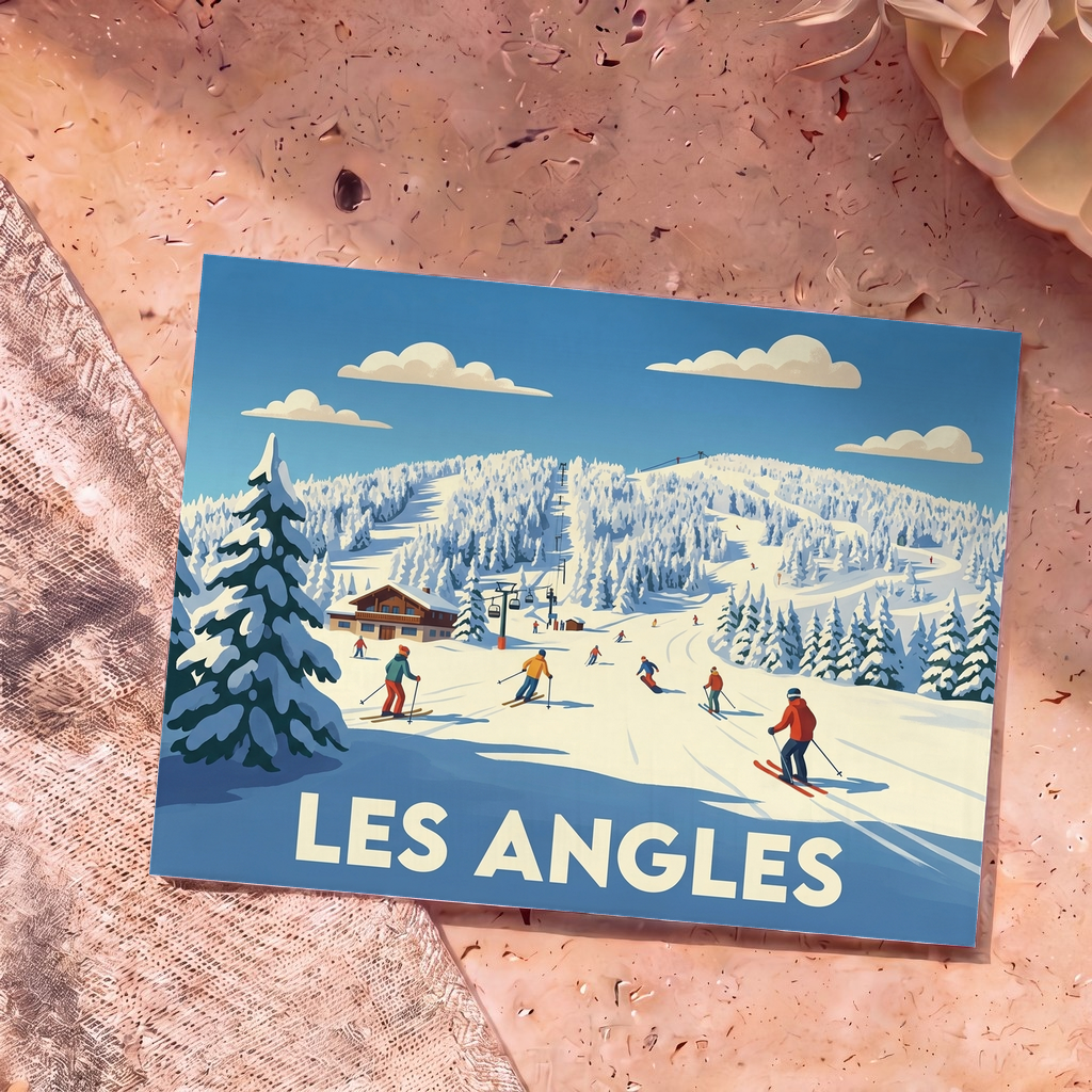 Carte postale souvenir de la ville de Les Angles avec une illustration stylisée d'une station de ski enneigée.