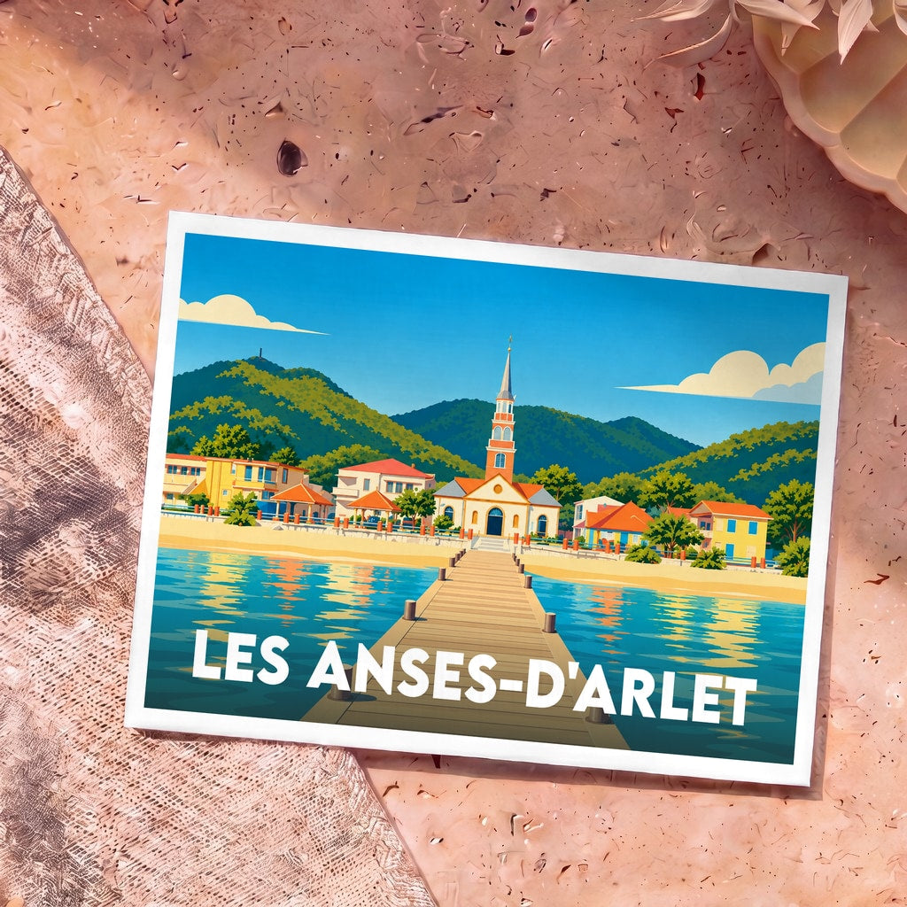 Carte postale souvenir de la ville de Les Anses-d'Arlet avec une illustration stylisée de son église emblématique face au ponton.