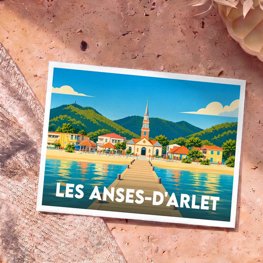 Carte postale souvenir de la ville de Les Anses-d'Arlet avec une illustration stylisée de son église emblématique face au ponton.