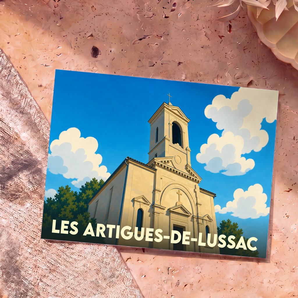 Carte postale souvenir de la ville de Les Artigues-de-Lussac illustrant son église sous un ciel azur.