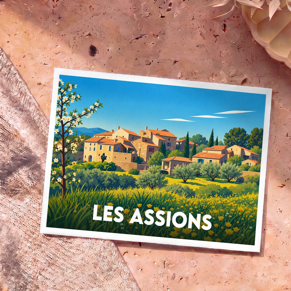 Carte postale souvenir de la ville de Les Assions avec une illustration stylisée d'un village provençal fleuri.